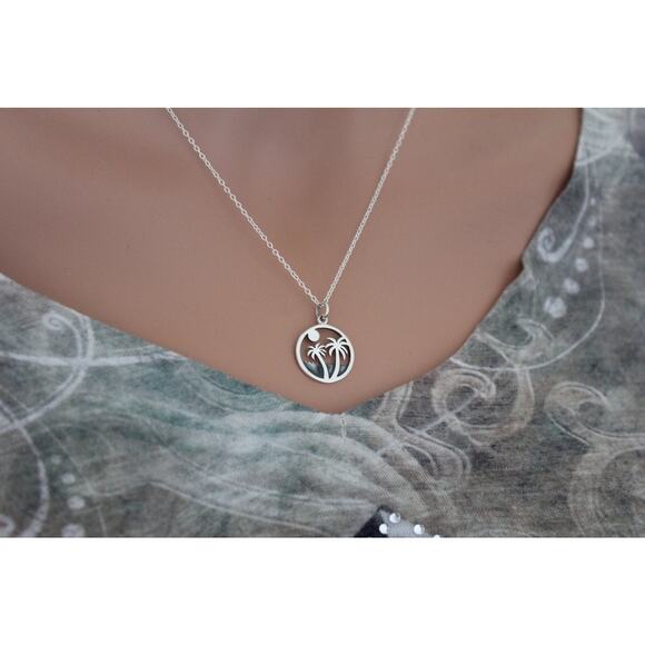 Sterling Silver Palm Tree Sunset Charm Necklace - Picture 3 of 3
